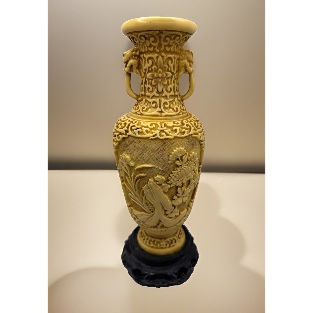 Antique Signed Chinese Carved Soapstone Vase Detailed Engraving Natural Stone11"